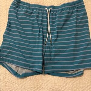 Bonobos Teal and Light Blue Striped Swim Trunks
